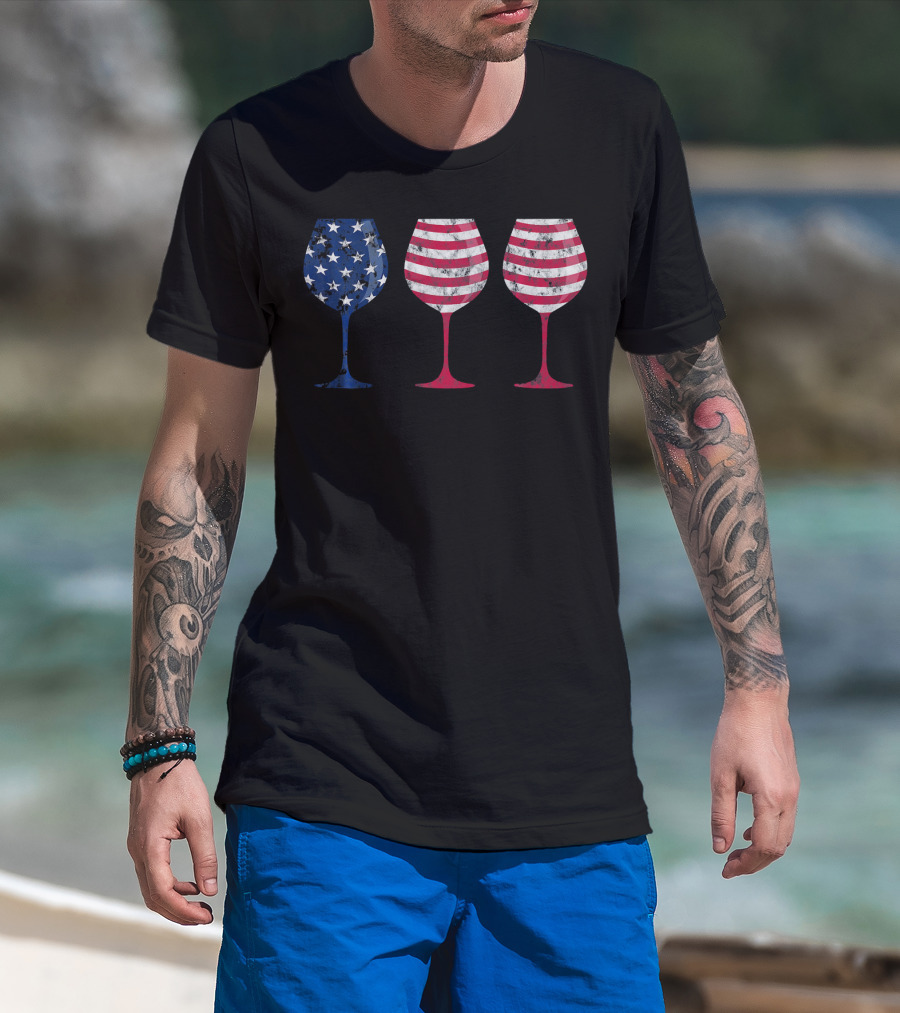 American Flag Wine Glass Trio T-Shirt