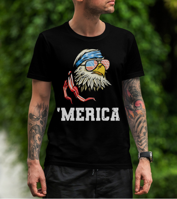 'Merica Patriotic Eagle American Flag Bandana And Sunglasses T-Shirt