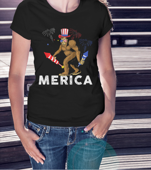Bigfoot Merica Fireworks Patriotic Hat Independence Day T-Shirt