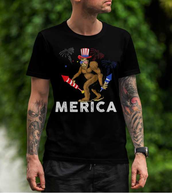 Bigfoot Merica Fireworks Patriotic Hat Independence Day T-Shirt