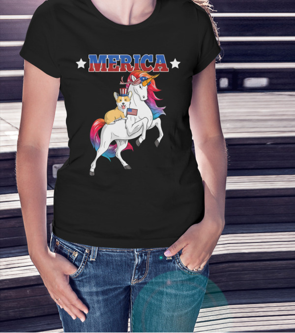 MERICA Corgi Dog Riding Unicorn With American Flag USA T-Shirt