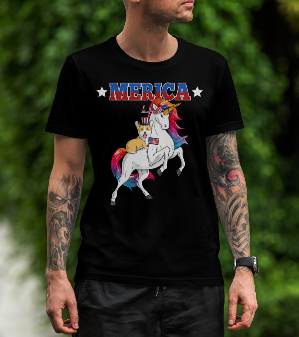 MERICA Corgi Dog Riding Unicorn With American Flag USA T-Shirt