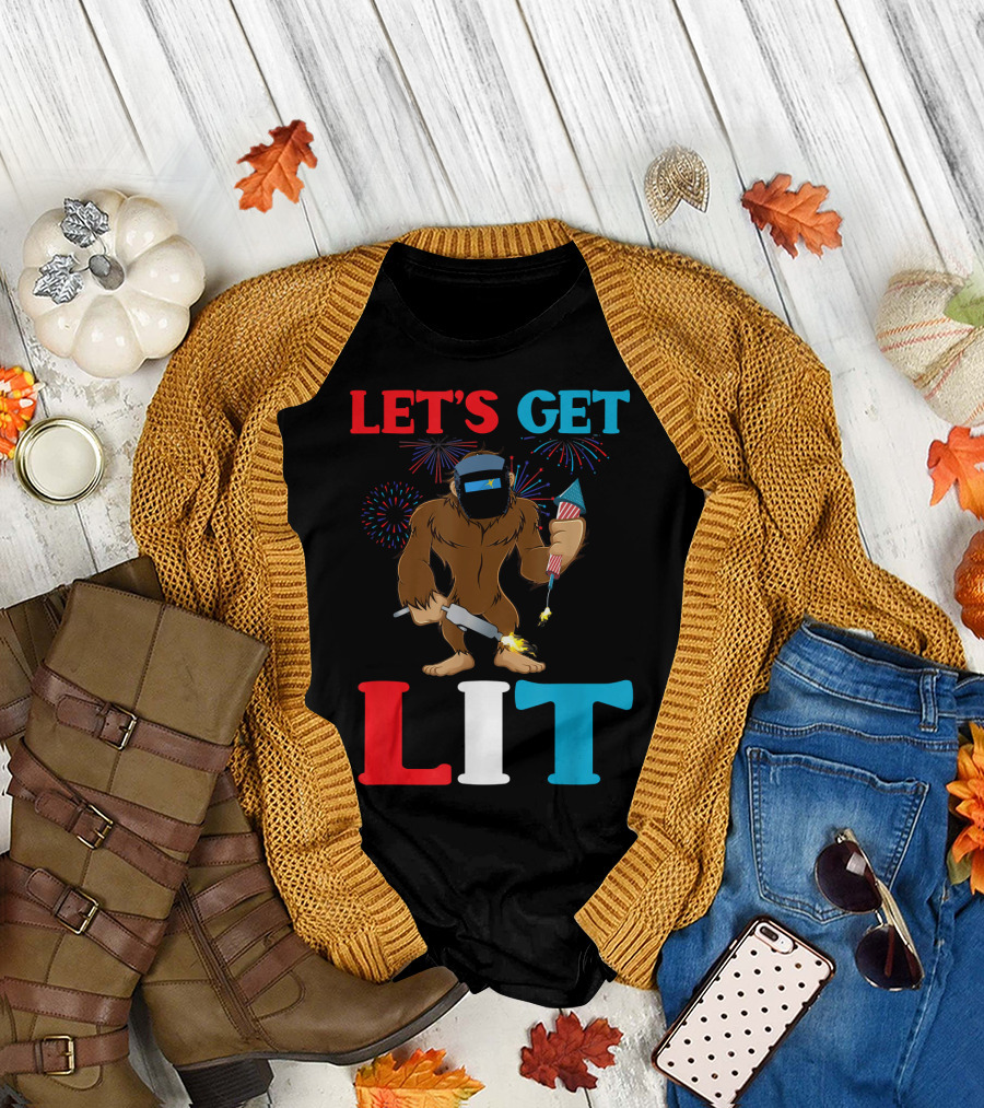 Mens Welders 4th of July Bigfoot Let's Get Lit T-Shirt