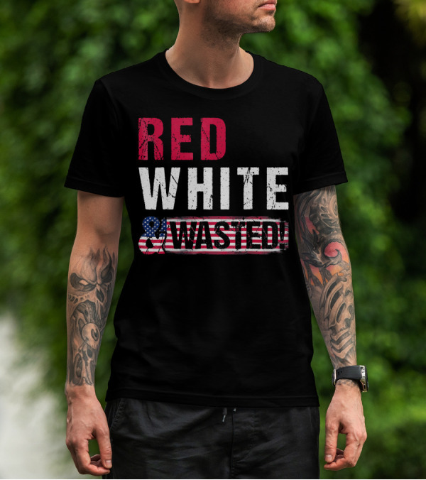 Red White And Wasted American Flag Skull T-Shirt