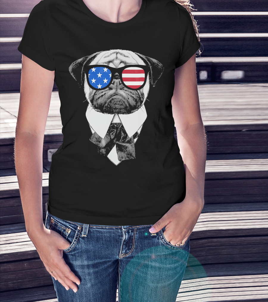 Patriotic Pug With American Flag Sunglasses And Tie T-Shirt