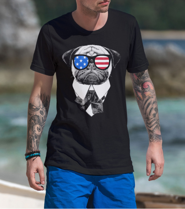 Patriotic Pug With American Flag Sunglasses And Tie T-Shirt
