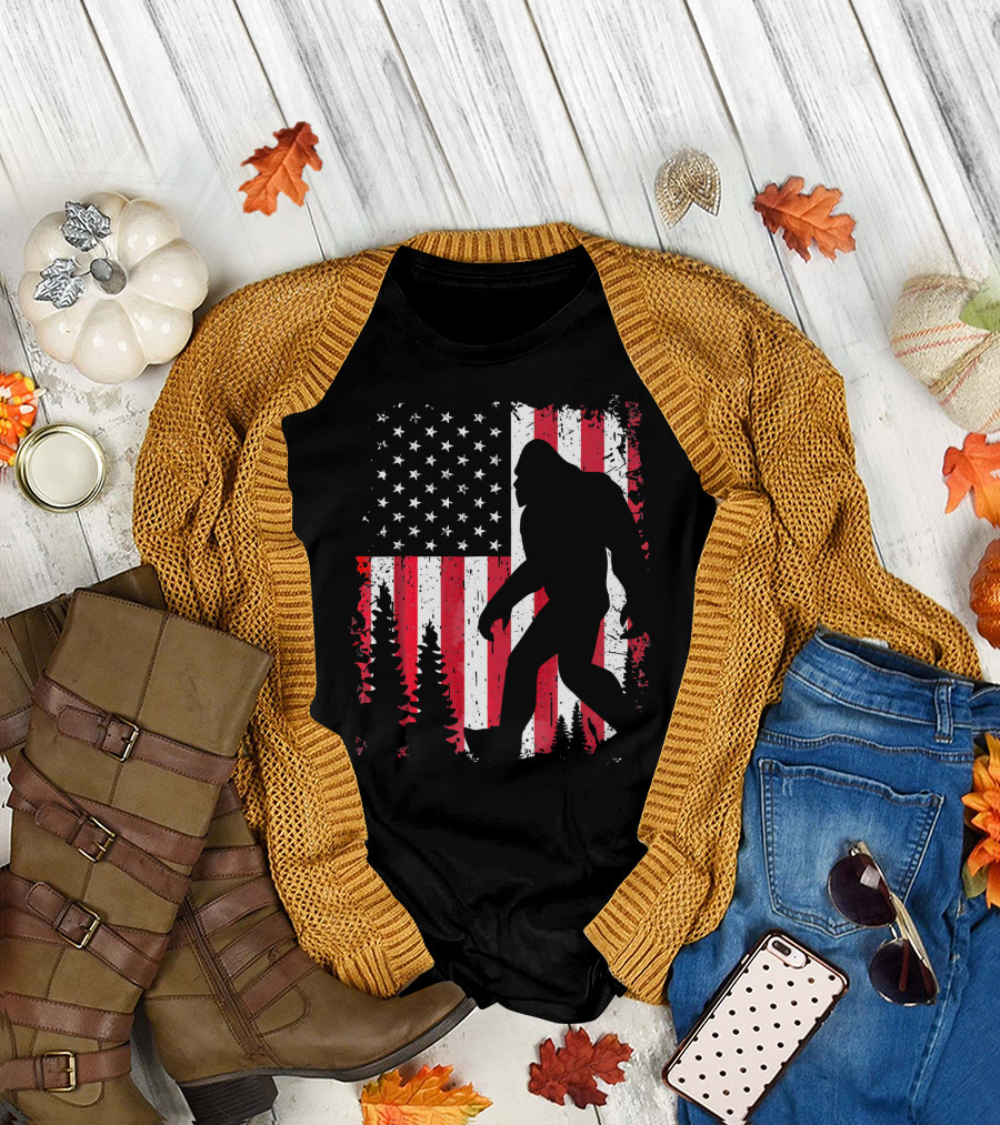 Bigfoot American Flag USA 4th of July T-Shirt
