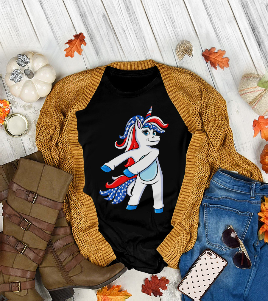 Flossing Unicorn With American Flag Colors 4th Of July T-Shirt