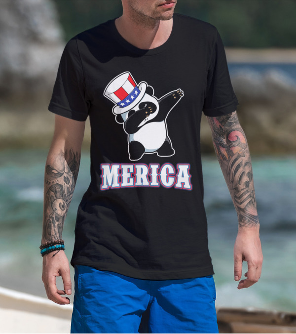 Merica Dabbing Panda In American Flag Top Hat T-Shirt