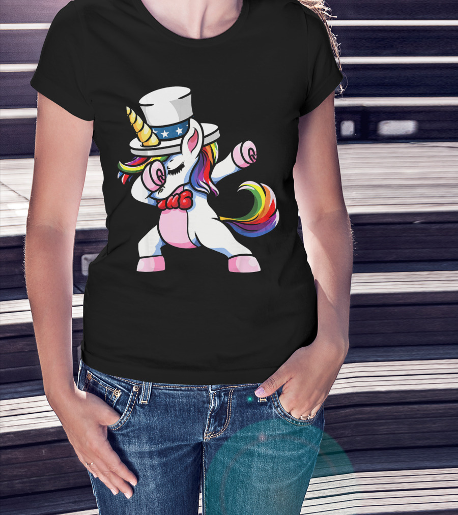 Girls Dabbing Unicorn With Patriotic American Hat T-Shirt