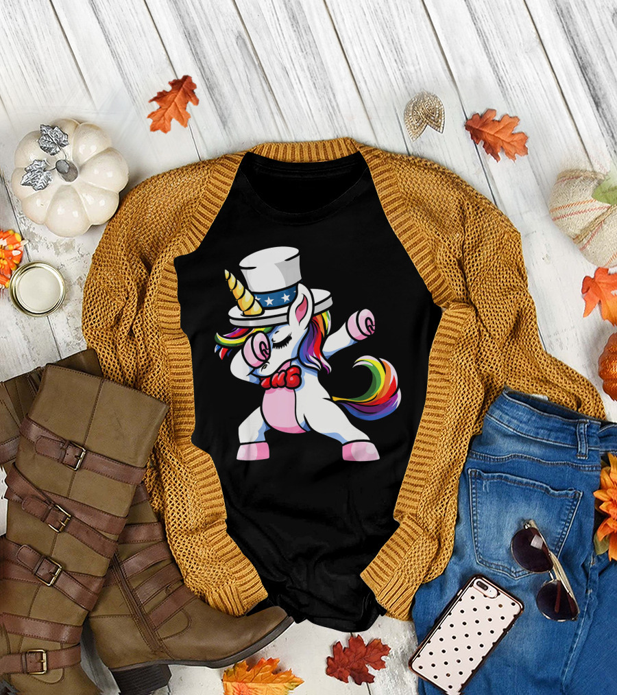 Girls Dabbing Unicorn With Patriotic American Hat T-Shirt