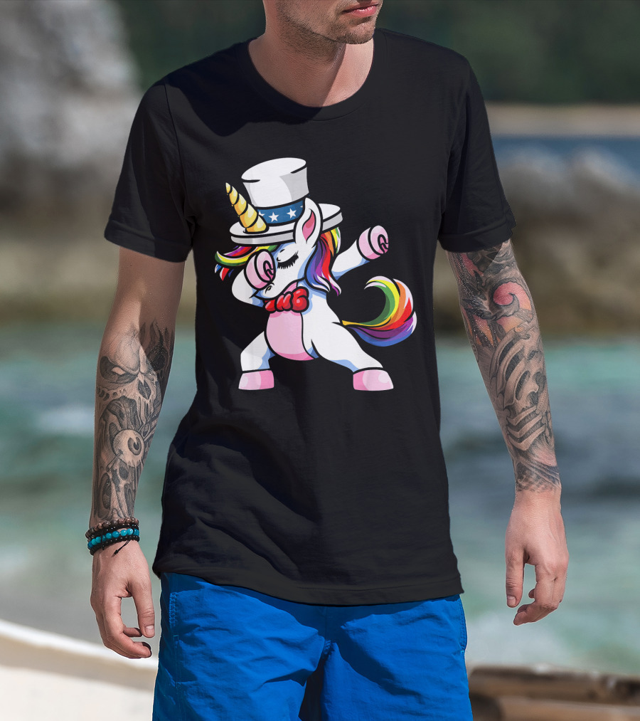 Girls Dabbing Unicorn With Patriotic American Hat T-Shirt