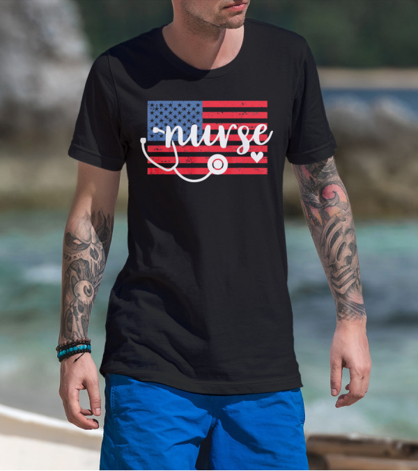 Nurse American Flag With Stethoscope And Heart T-Shirt