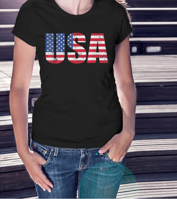 USA Flag American Patriotic Stars And Stripes Bold Lettering T-Shirt