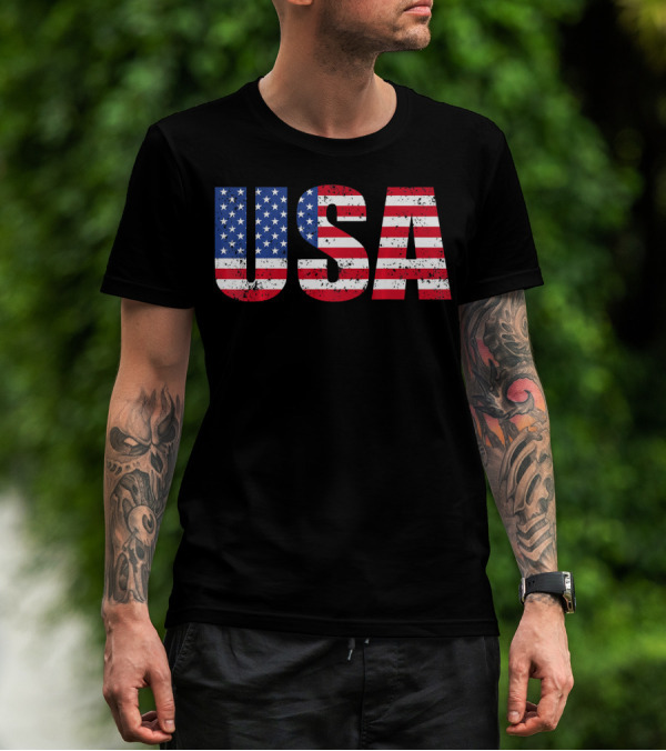 USA Flag American Patriotic Stars And Stripes Bold Lettering T-Shirt