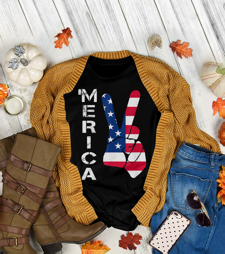 MERICA Peace Sign Hand Stars Stripes 4th Of July T-Shirt