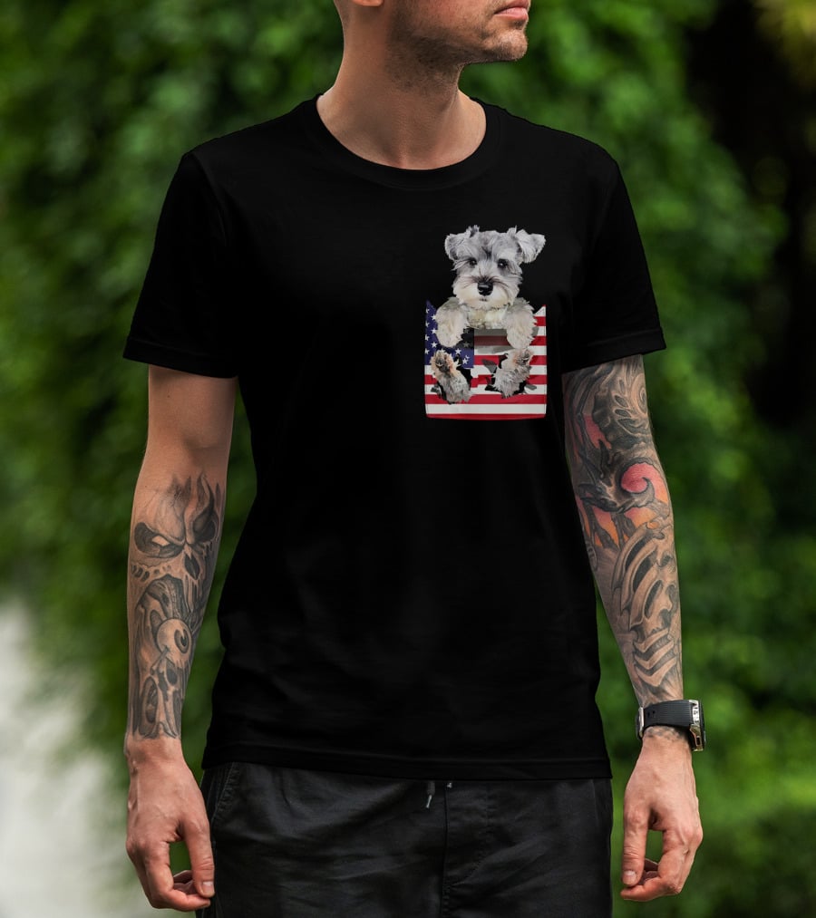 Schnauzer Dog In Pocket With American Flag T-Shirt
