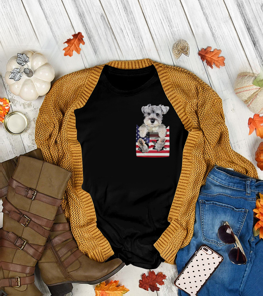 Schnauzer Dog in Pocket with American Flag T-Shirt