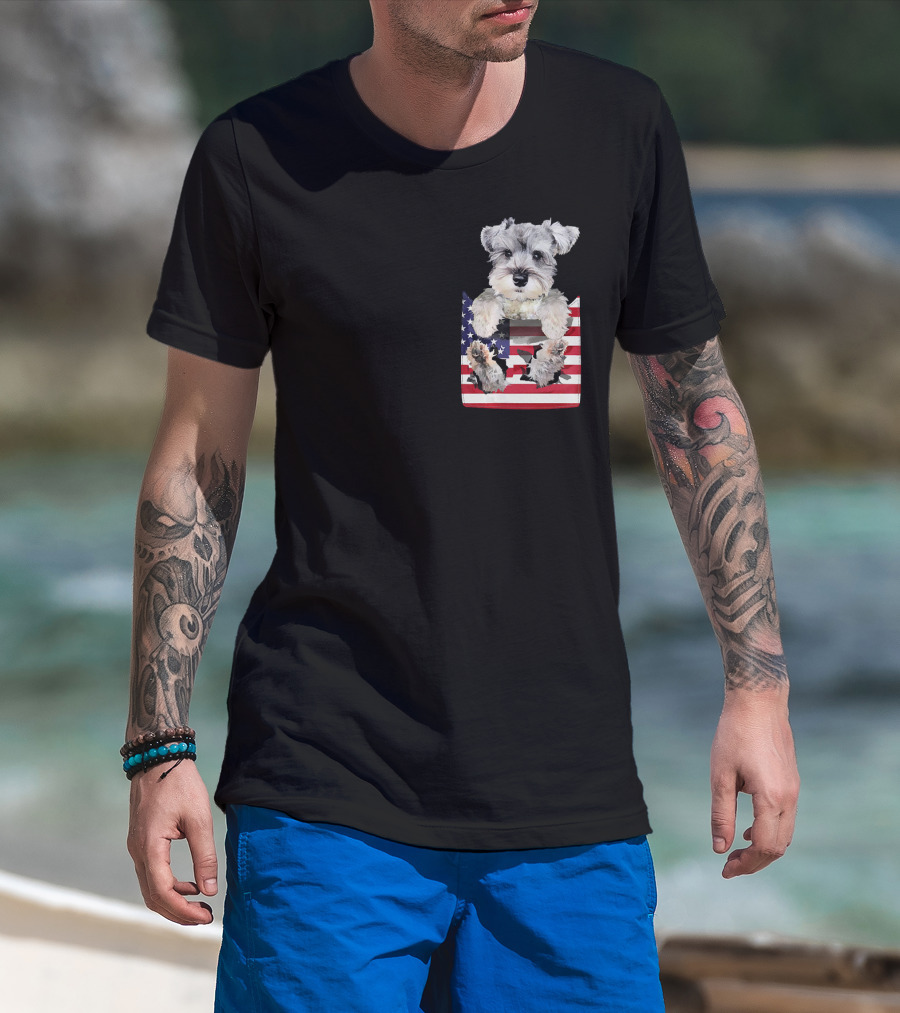 Schnauzer Dog In Pocket With American Flag T-Shirt