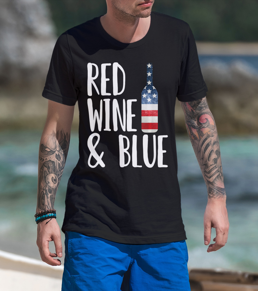 Red Wine And Blue Bottle USA Flag T-Shirt