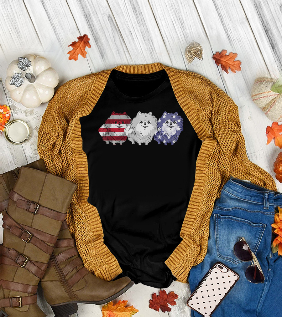 Patriotic Pomeranian Dog Lover American Flag Trio T-Shirt