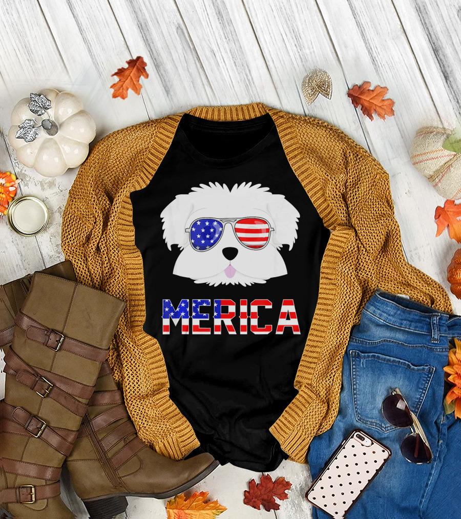 'Merica Maltese Dog 4th Of July USA Flag Sunglasses T-Shirt