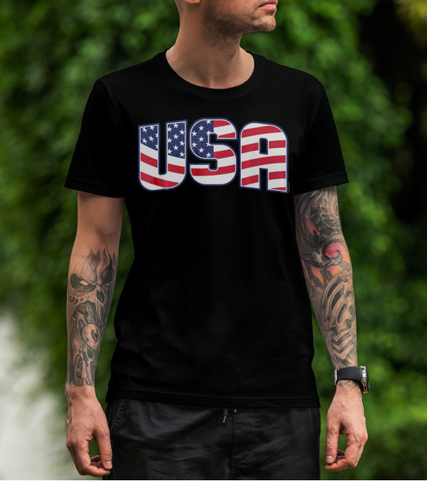 USA Flag Stars And Stripes Lettering T-Shirt