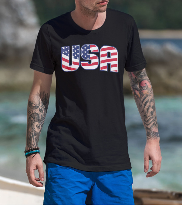 USA Flag Stars And Stripes Lettering T-Shirt
