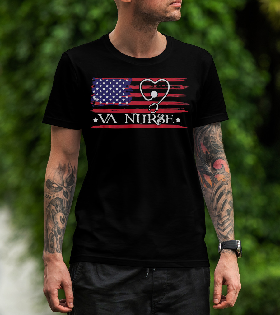 American Flag VA Nurse Heart Stethoscope Patriotic T-Shirt