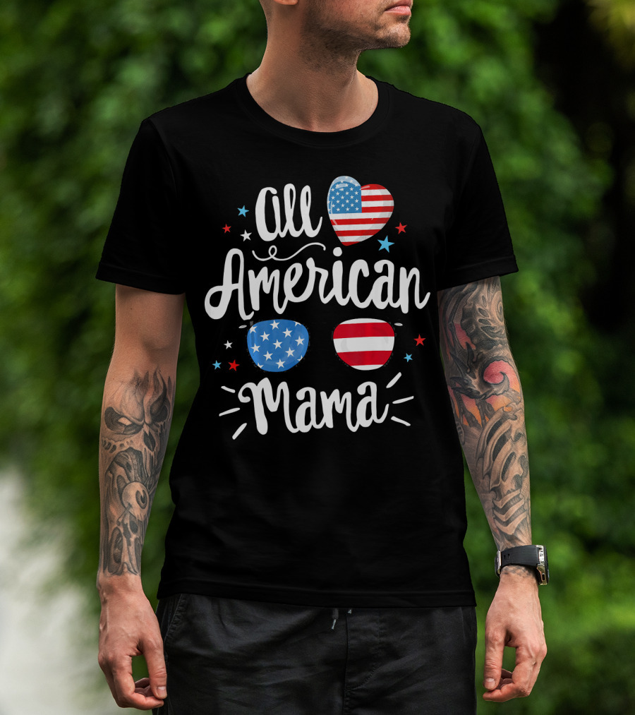 All American Mama Heart And Sunglasses With Flag Elements T-Shirt