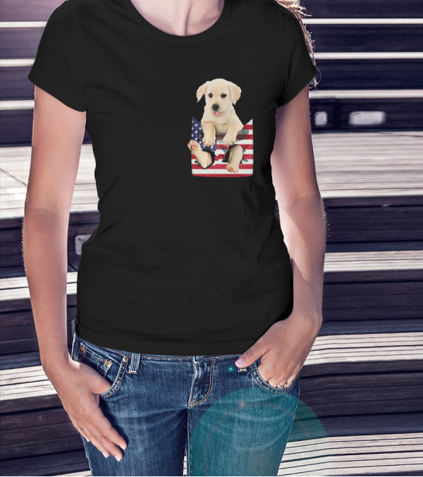 Labrador Puppy Sitting In American Flag Pocket T-Shirt
