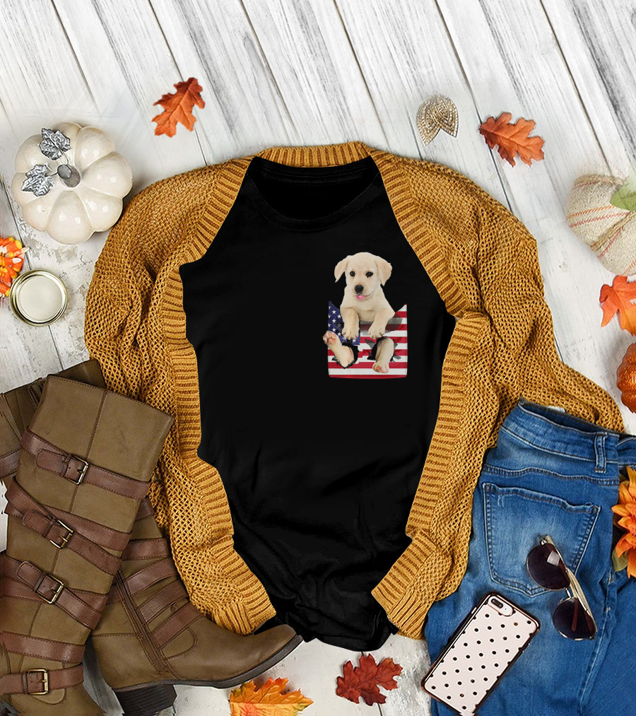 Labrador Puppy Sitting in American Flag Pocket T-Shirt