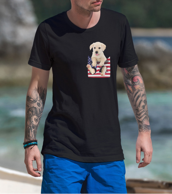 Labrador Puppy Sitting In American Flag Pocket T-Shirt