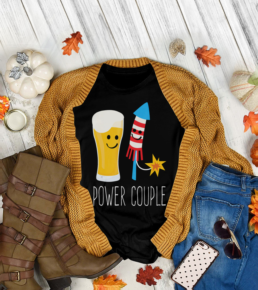 Beer and Fireworks Power Couple Smiling Glass and Rocket T-Shirt