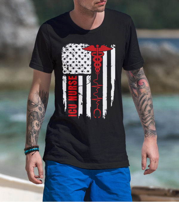 ICU Nurse American Flag Caduceus Heartbeat T-Shirt