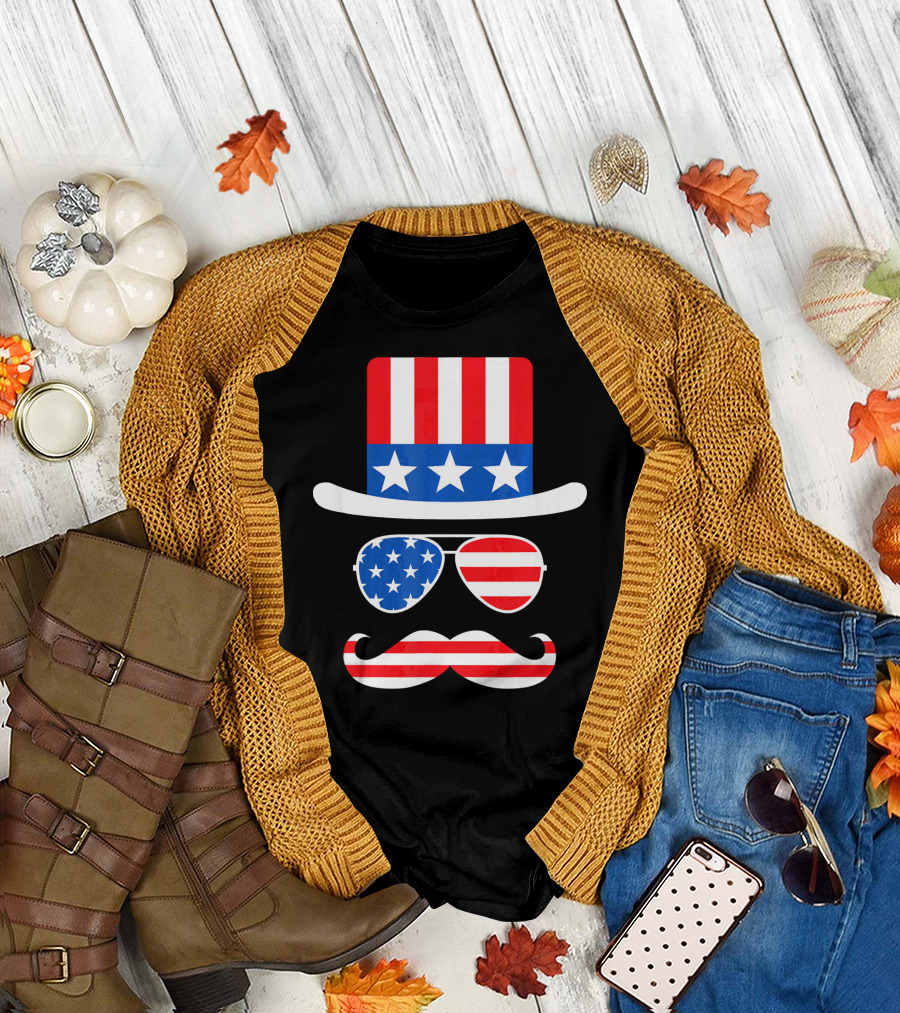 4th of July Hat Glasses Mustache Funny U USA Flag Stars Stripes T-Shirt