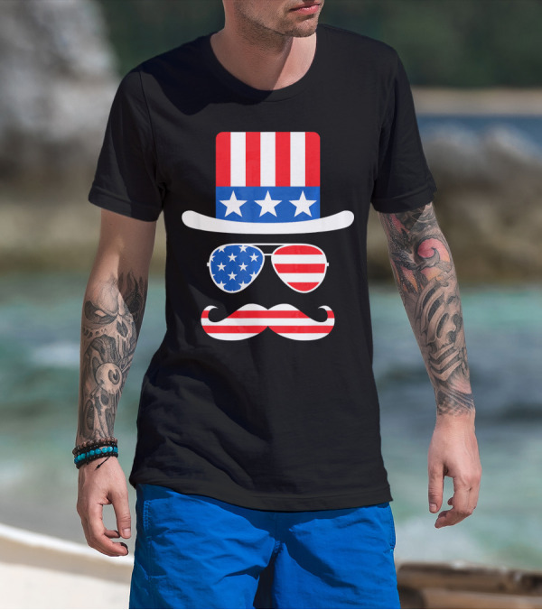 4th Of July Hat Glasses Mustache Funny U USA Flag Stars Stripes T-Shirt