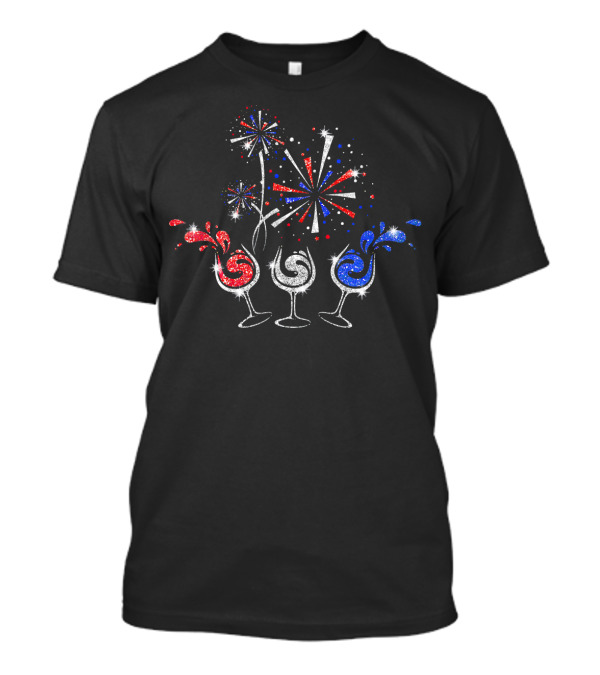 Red White And Blue Wine Glasses Fireworks T-Shirt