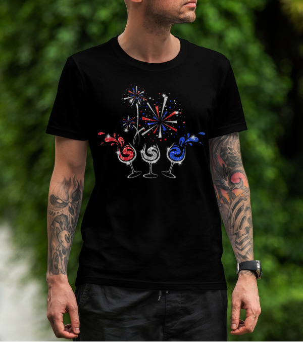 Red White And Blue Wine Glasses Fireworks T-Shirt