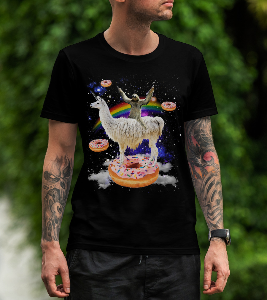 Space Adventure Sloth On Unicorn Llama With Floating Donuts And Rainbow T-Shirt