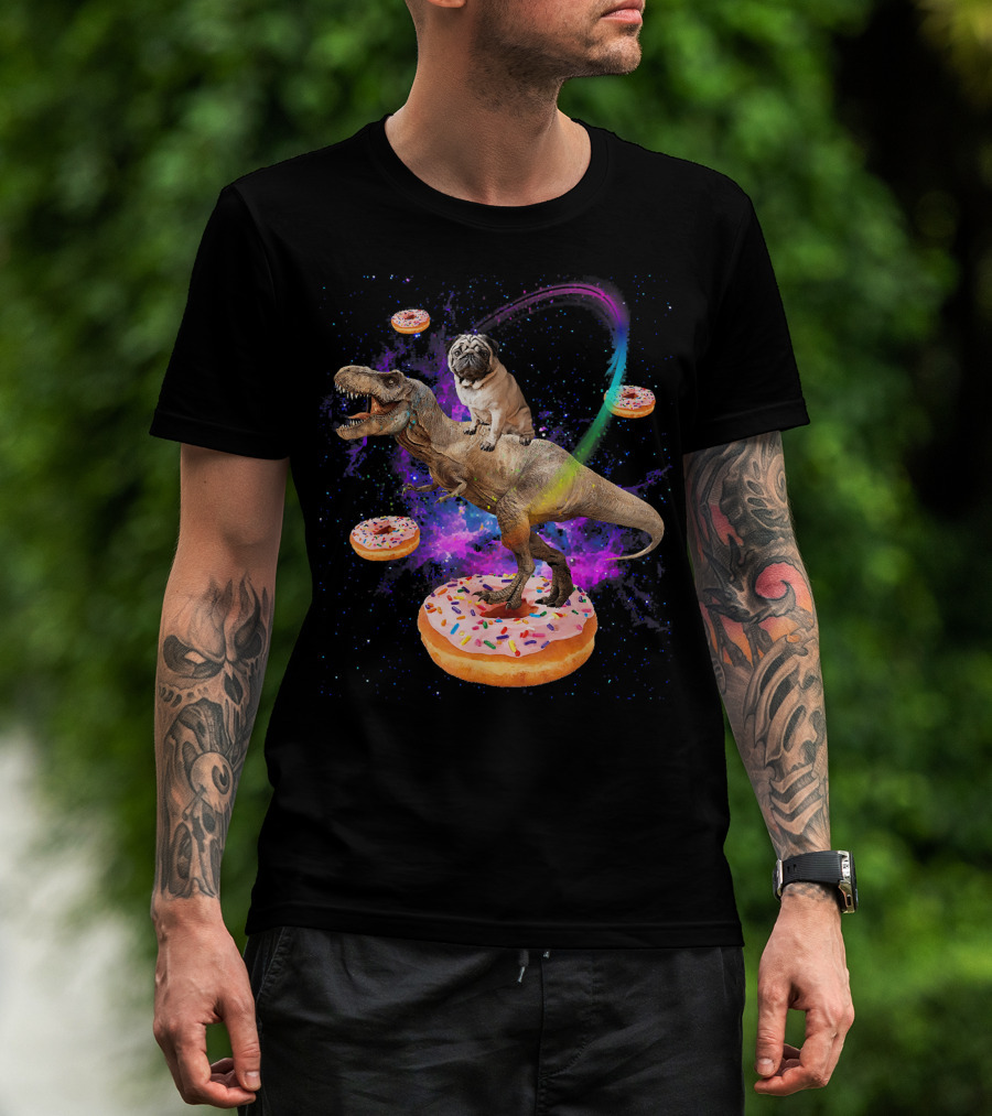 Space Pug Riding Dinosaur T-Rex With Donuts And Galactic Background T-Shirt