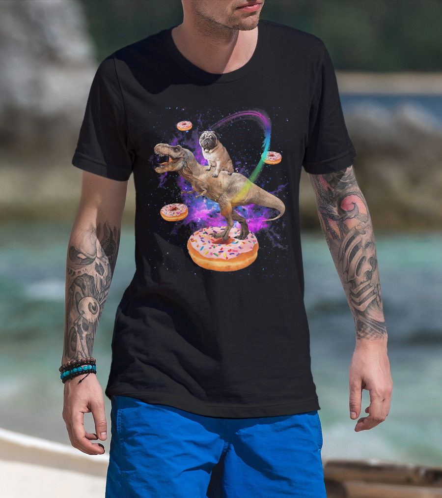 Space Pug Riding Dinosaur T-Rex With Donuts And Galactic Background T-Shirt