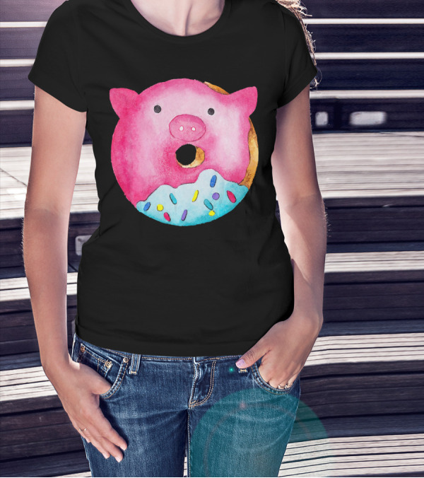 Donut Pig Watercolor Pink Frosting Sprinkles T-Shirt