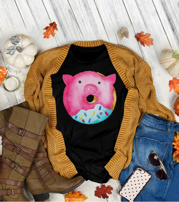 Donut Pig Watercolor Pink Frosting Sprinkles T-Shirt