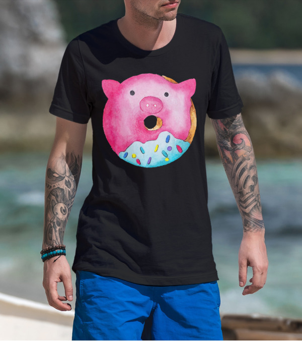 Donut Pig Watercolor Pink Frosting Sprinkles T-Shirt