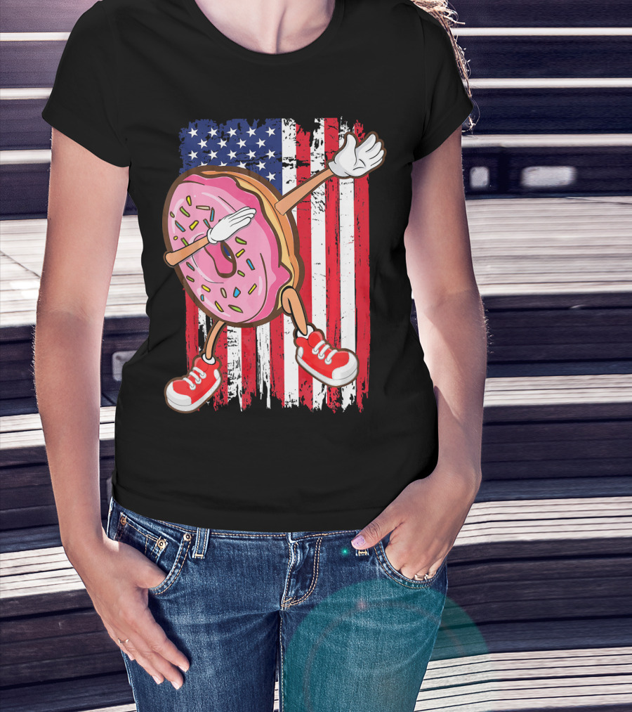 Dabbing American USA Strawberry Frosted Donut On Flag Background T-Shirt