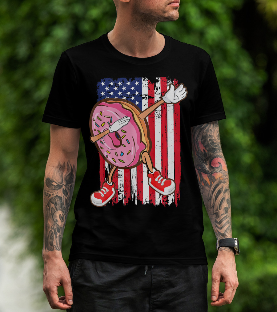 Dabbing American USA Strawberry Frosted Donut On Flag Background T-Shirt