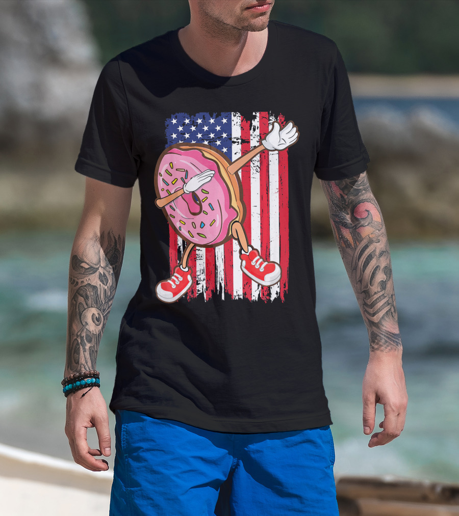 Dabbing American USA Strawberry Frosted Donut On Flag Background T-Shirt