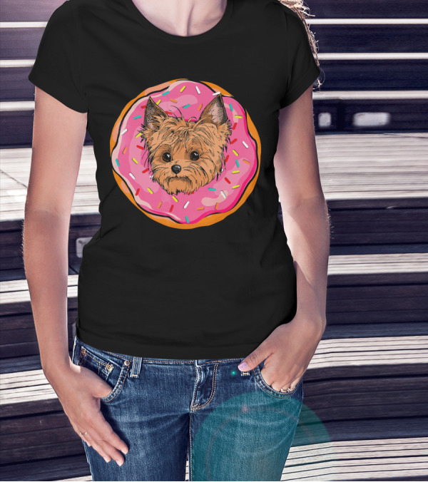 Funny Donut Dog Face Yorkie Yorkie Donut Sprinkles T-Shirt