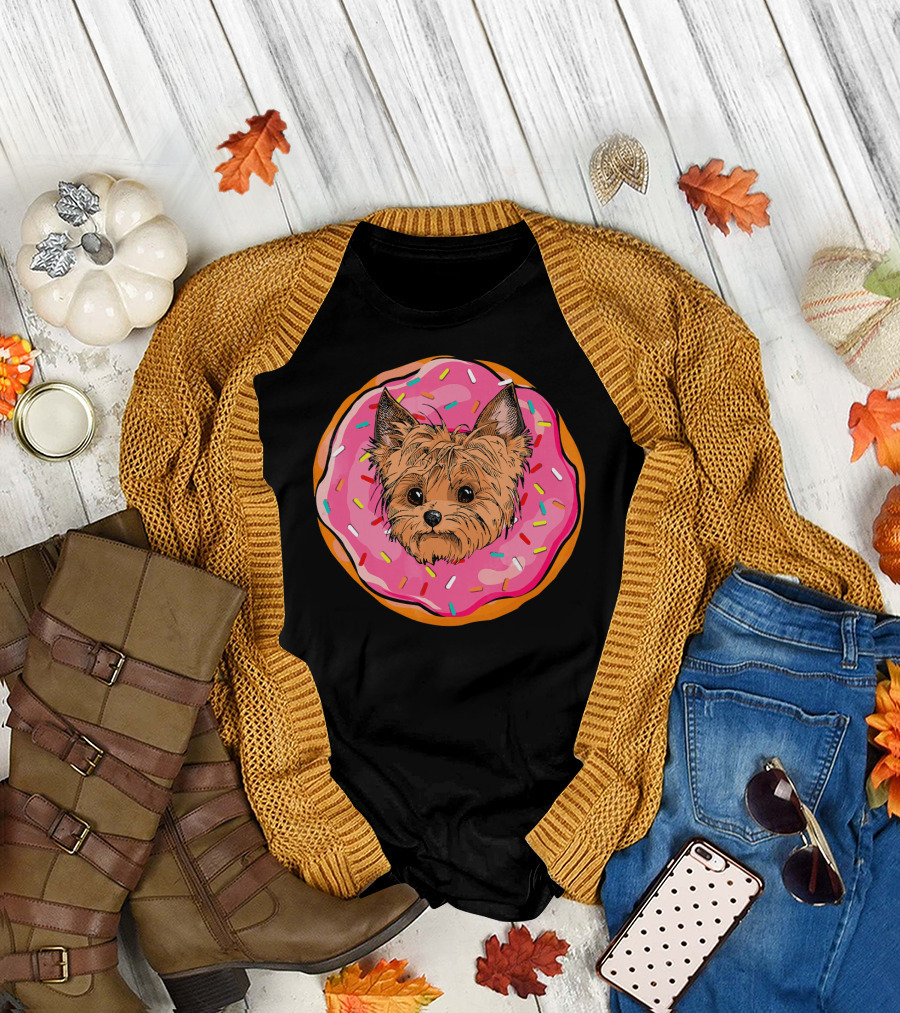 Funny Donut Dog Face Yorkie Yorkie Donut Sprinkles T-Shirt